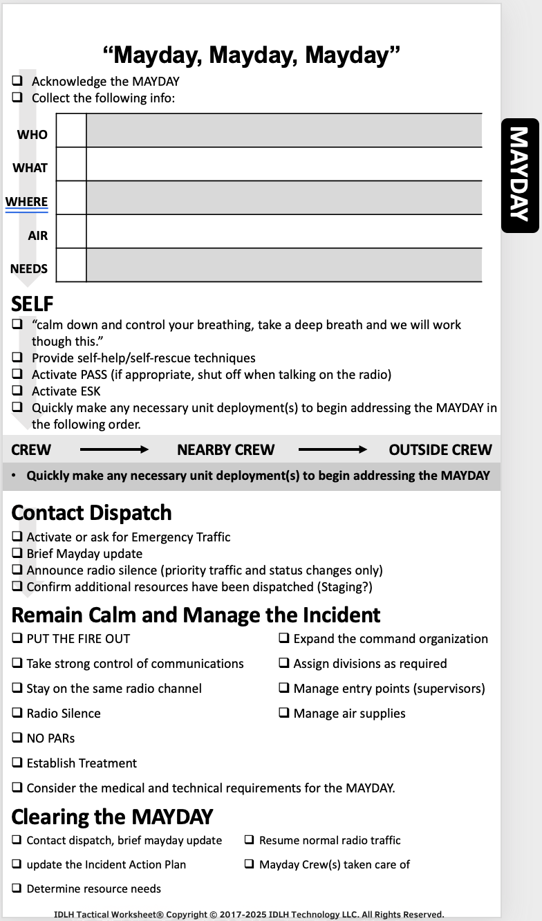 Mayday checklist — structured communications, RIT, air/time tracking on the IDLH Tactical Worksheet®